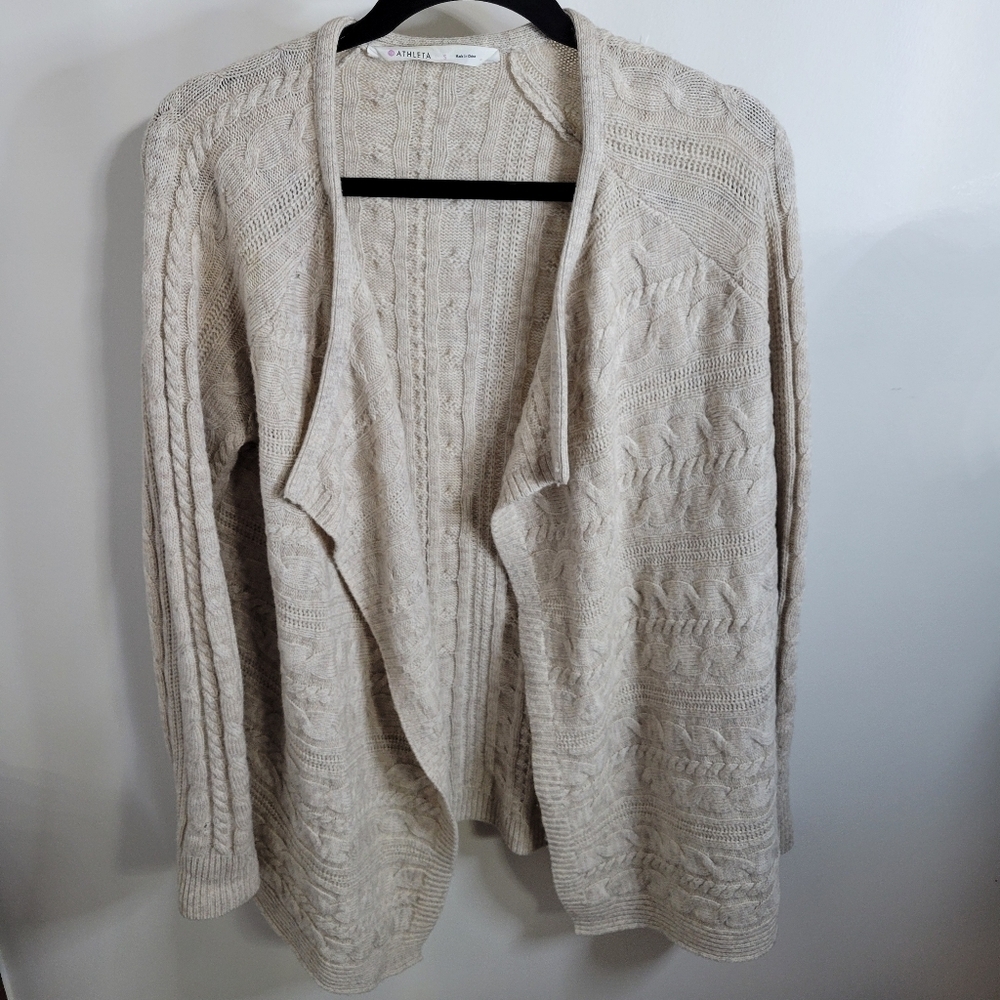 Athleta Women's Cable Knit Open Cardigan Cream 100% Extra Fine Merino Wool, Sz S